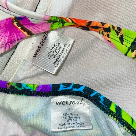 L VTG Wet Seal Rainbow Neon Tropical Floral Animal Print Bandeau Bikini Swimsuit - Picture 7 of 8